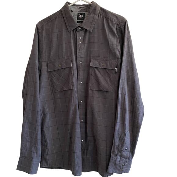 Volcom long sleeve button up shirt mens large charcoal gray plaid slim fit - Picture 1 of 7